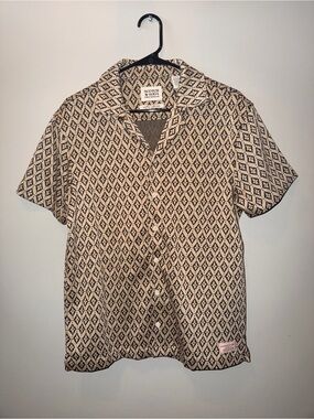 Scotch & Soda Beige and Black Diamond-Pattern Short Sleeve Button Shirt